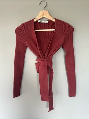 ZARA Ribbed Wrap Tie-Front Sweater - Wine
